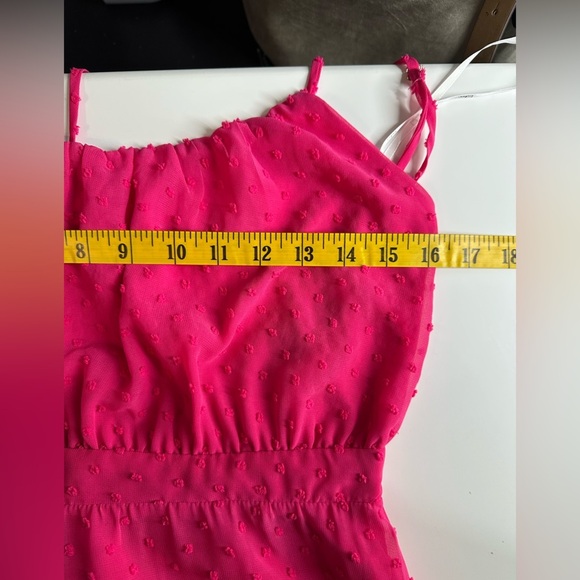 Lulus Tiers and Applause Hot Pink Swiss Dot Tie-Back Tiered Midi Dress Sz S - Picture 11 of 13